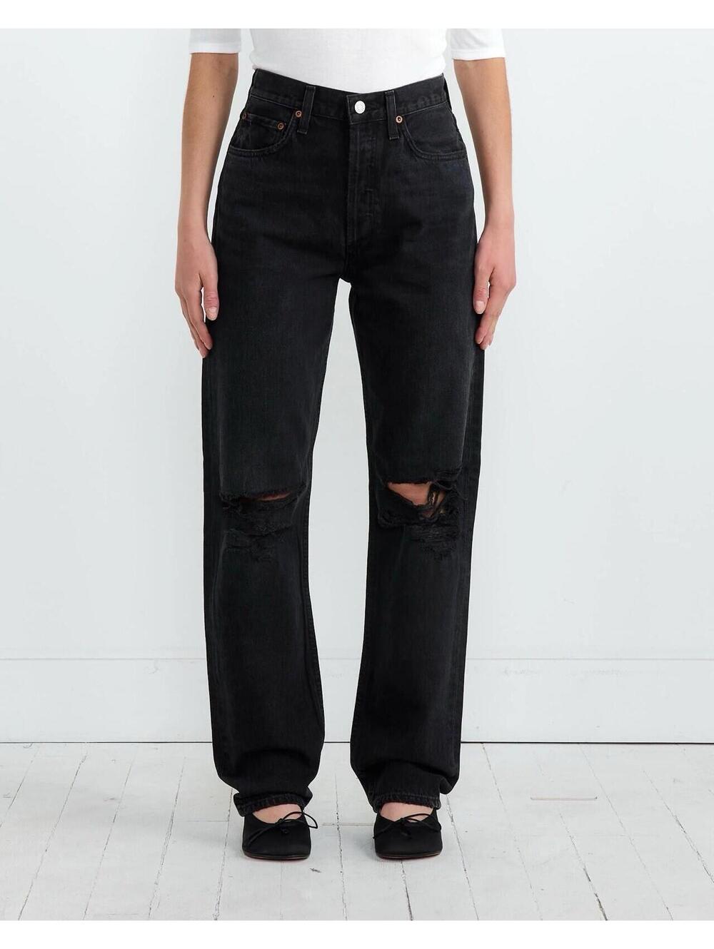 Agolde 90s Pinch Waist Jeans Sz 30 High-Rise Straight-Leg Distressed Black Goth - Picture 1 of 9